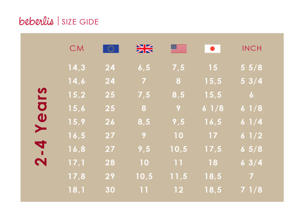 shoe size chart 2-4 Years