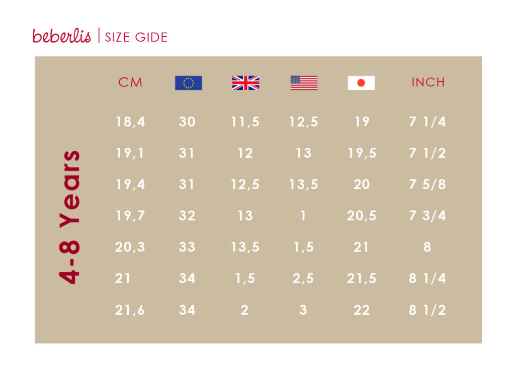 shoe size chart 4-8 years